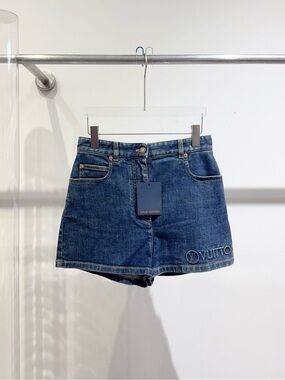 Louis Vuitton Dark Blue Denim Mini Shorts with Embroidered Logo